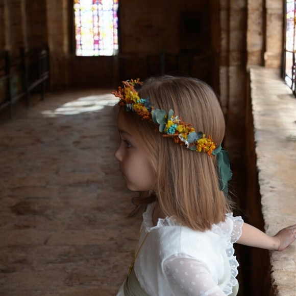 Floral Crown, green yellow and orange. Real preserved flowers - Picture 4 of 4